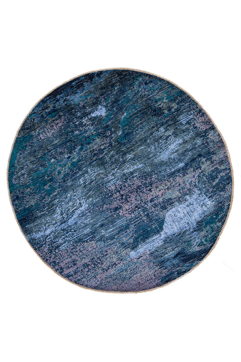 Abstract Bamboo Silk Round Blue Rug
