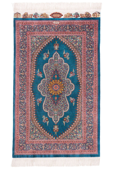 Abbas Jamshidi- Qum Pure Silk Turquoise Rug