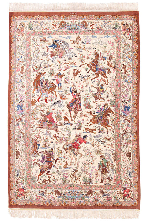 Sadeghzadeh - Qum Hunting Scene Pure Silk Rug